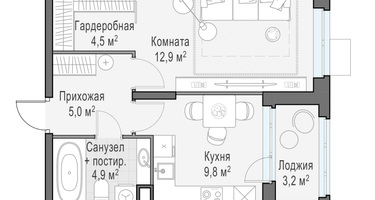 1-к. квартира, 38&nbsp;м²