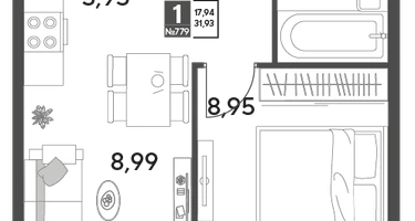 1-к. квартира, 31&nbsp;м²