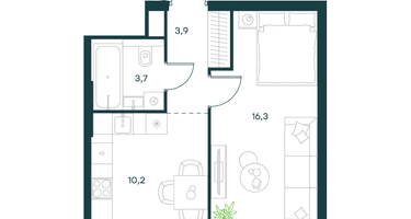 1-к. квартира, 34&nbsp;м²