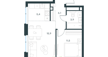 2-к. квартира, 43&nbsp;м²