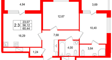 2-к. квартира, 56 м²