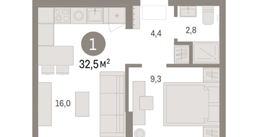 1-к. квартира, 32 м²