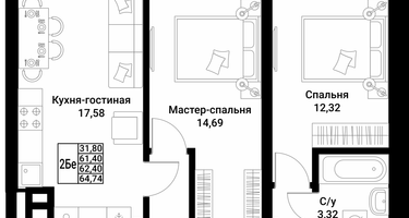 2-к. квартира, 62&nbsp;м²