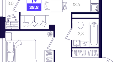 1-к. квартира, 38&nbsp;м²