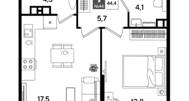 1-к. квартира, 44&nbsp;м²