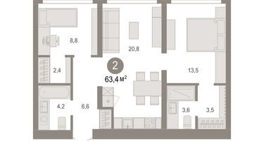 2-к. квартира, 63&nbsp;м²