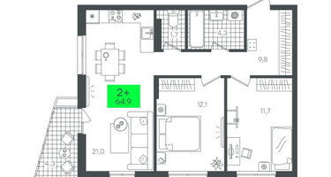 2-к. квартира, 64&nbsp;м²
