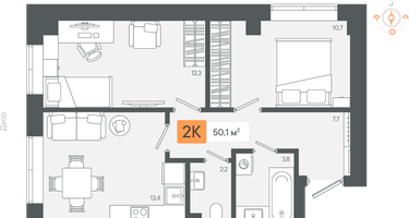 2-к. квартира, 50&nbsp;м²