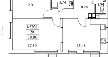 2-к. квартира, 58&nbsp;м²
