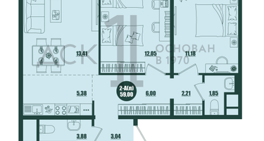 2-к. квартира, 59&nbsp;м²