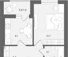 1-к. квартира, 33&nbsp;м²