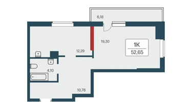 1-к. квартира, 53 м²