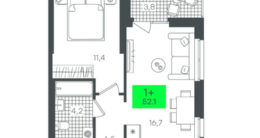 1-к. квартира, 52&nbsp;м²