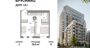 1-к. квартира, 36 м²