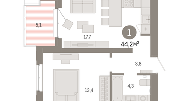 1-к. квартира, 44&nbsp;м²