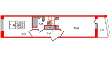 1-к. квартира, 40&nbsp;м²
