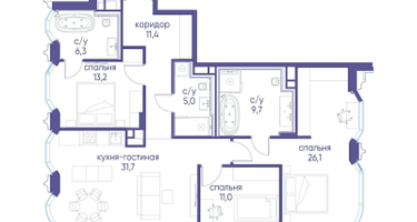 3-к. квартира, 114 м²