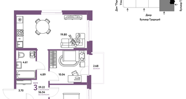 3-к. квартира, 59 м²