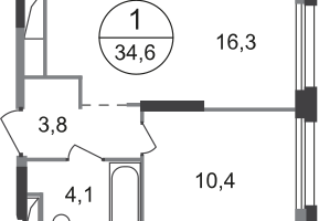 1-к. квартира, 34&nbsp;м²
