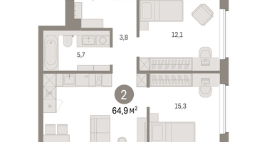 2-к. квартира, 64&nbsp;м²