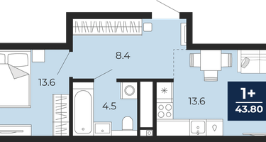 1-к. квартира, 43&nbsp;м²