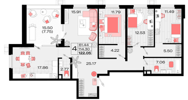 4-к. квартира, 114&nbsp;м²