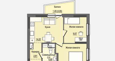 2-к. квартира, 46&nbsp;м²