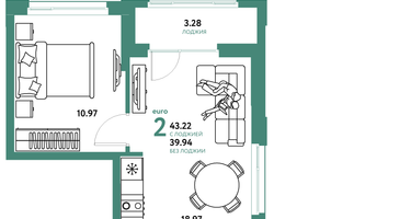 2-к. квартира, 43 м²
