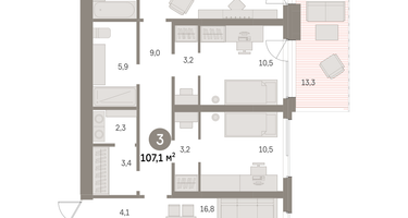 3-к. квартира, 107 м²