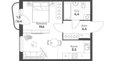 Студия, 34&nbsp;м²