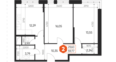 2-к. квартира, 59&nbsp;м²