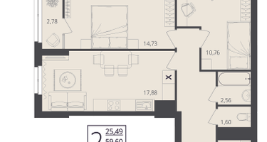 2-к. квартира, 62&nbsp;м²