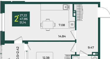 2-к. квартира, 51&nbsp;м²