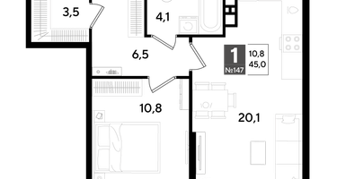 1-к. квартира, 44 м²