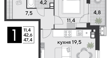 1-к. квартира, 46 м²