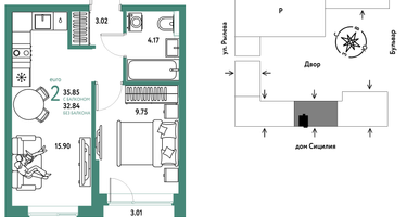 2-к. квартира, 35&nbsp;м²