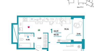 1-к. квартира, 44&nbsp;м²