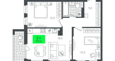 2-к. квартира, 59&nbsp;м²