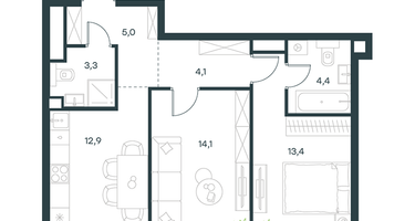 2-к. квартира, 57&nbsp;м²