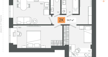 2-к. квартира, 54&nbsp;м²