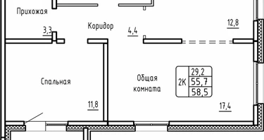 2-к. квартира, 58&nbsp;м²