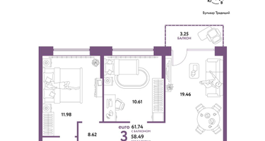 3-к. квартира, 61&nbsp;м²