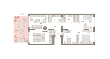 2-к. квартира, 109 м²