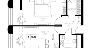 2-к. квартира, 48 м²