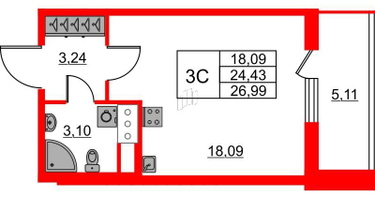 Студия, 24&nbsp;м²