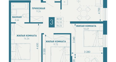 3-к. квартира, 78&nbsp;м²
