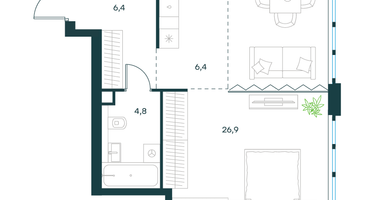 1-к. квартира, 44&nbsp;м²