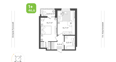 1-к. квартира, 46 м²