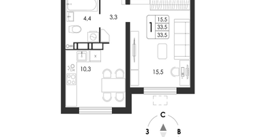 1-к. квартира, 33 м²
