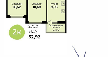 2-к. квартира, 52&nbsp;м²